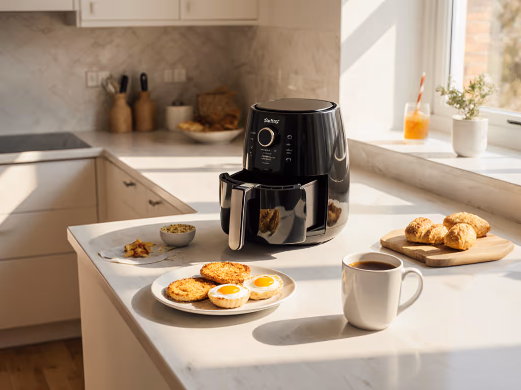 new_homeowner_kitchen_with_compact_air_fryer_on_counter_breakfast_setup