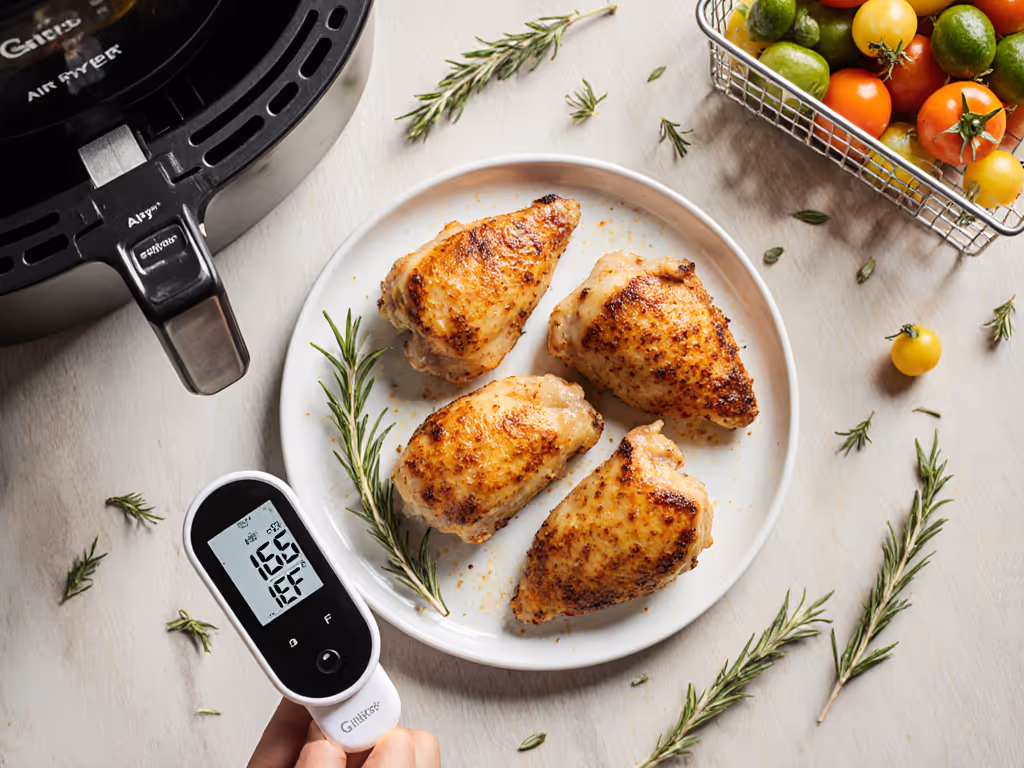 air_fryer_chicken_thighs_with_thermometer_reading_165f